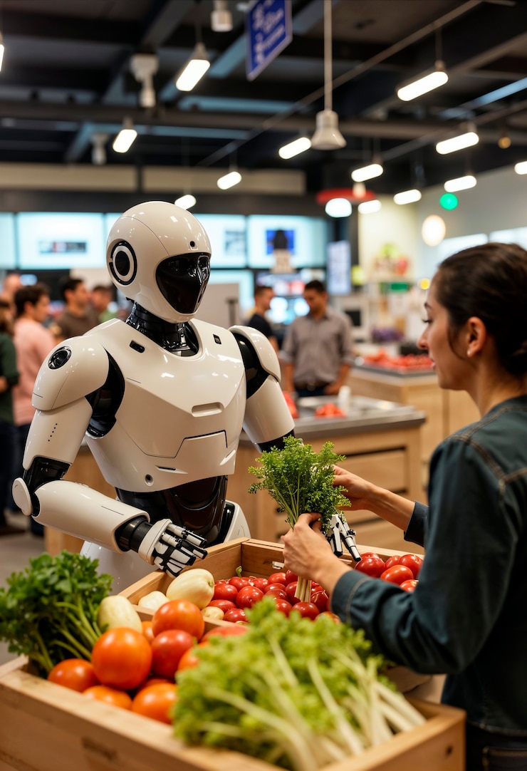 Foto gratuito robot ayudando al cliente en la tienda de comestibles