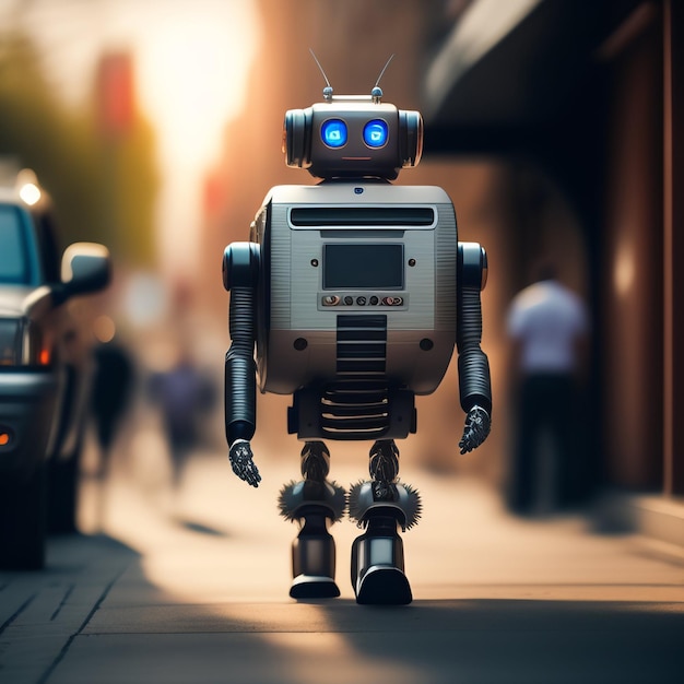 Foto gratuita un robot caminando por una calle con un auto al fondo.