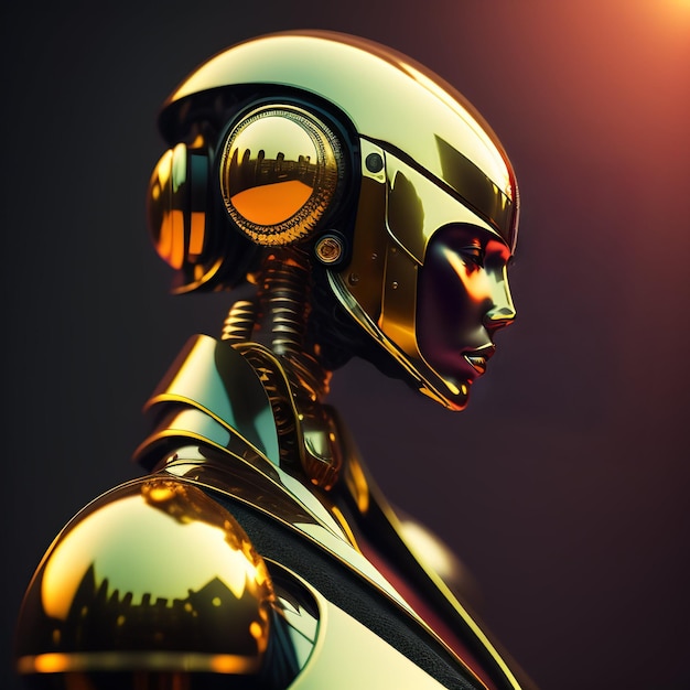 Un robot con cara dorada y cabeza dorada y fondo negro.