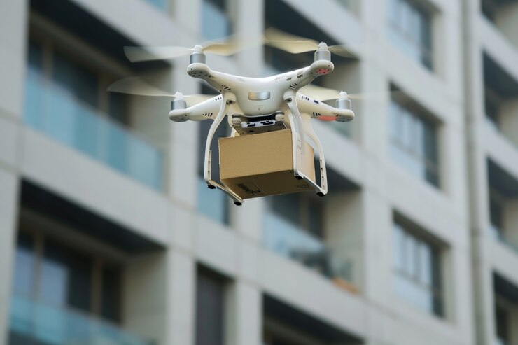 Foto gratuito robot de entrega en un entorno futurista