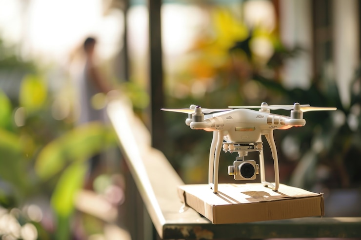 Foto gratuito robot de entrega en un entorno futurista