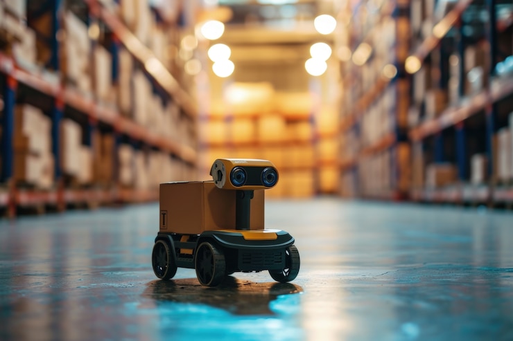Foto gratuito robot de entrega en un entorno futurista