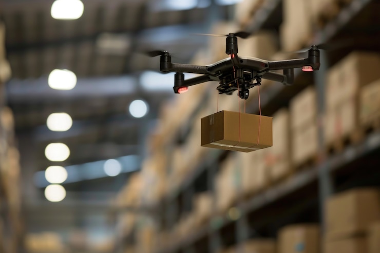 Foto gratuito robot de entrega en un entorno futurista