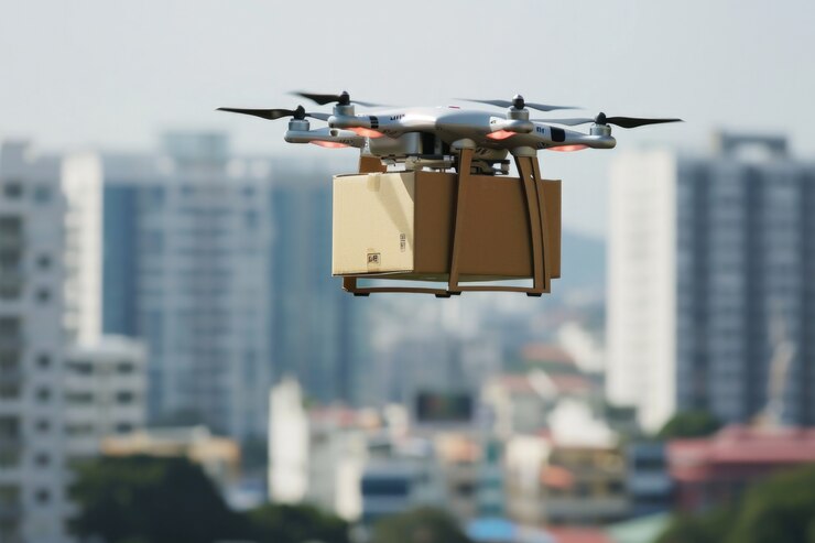 Foto gratuito robot de entrega en un entorno futurista