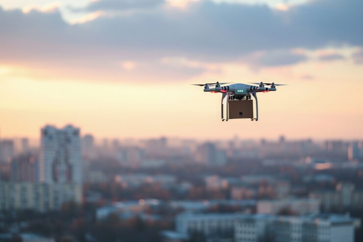 Foto gratuito robot de entrega en un entorno futurista