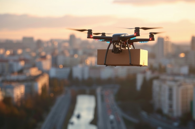 Foto gratuito robot de entrega en un entorno futurista