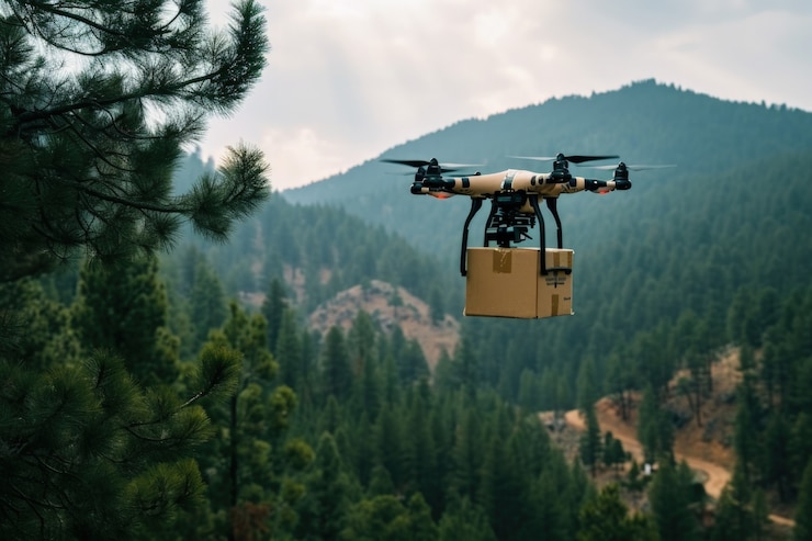 Foto gratuito robot de entrega en un entorno futurista