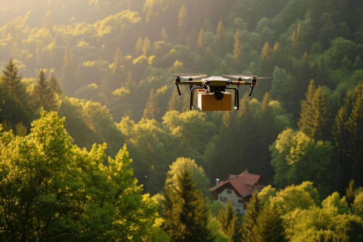 Foto gratuito robot de entrega en un entorno futurista