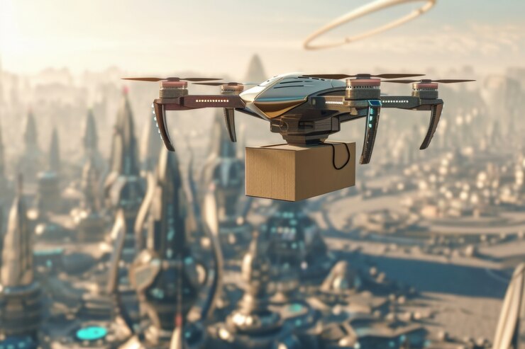 Foto gratuito robot de entrega en un entorno futurista