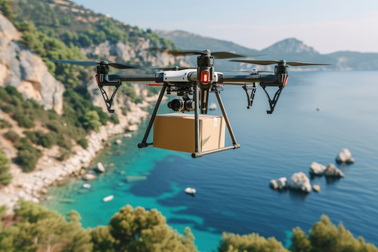 Foto gratuito robot de entrega en un entorno futurista