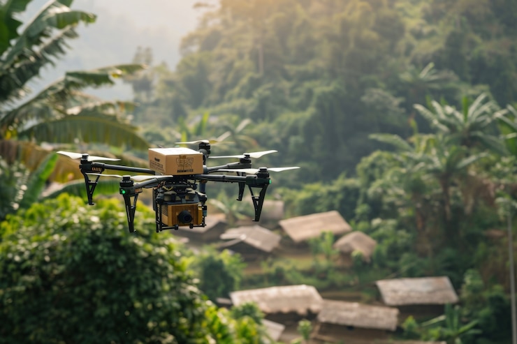 Foto gratuito robot de entrega en un entorno futurista
