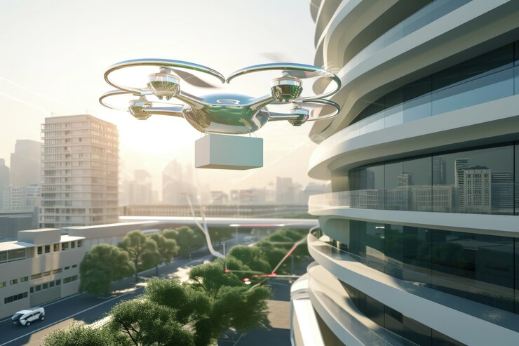 Foto gratuito robot de entrega en un entorno futurista