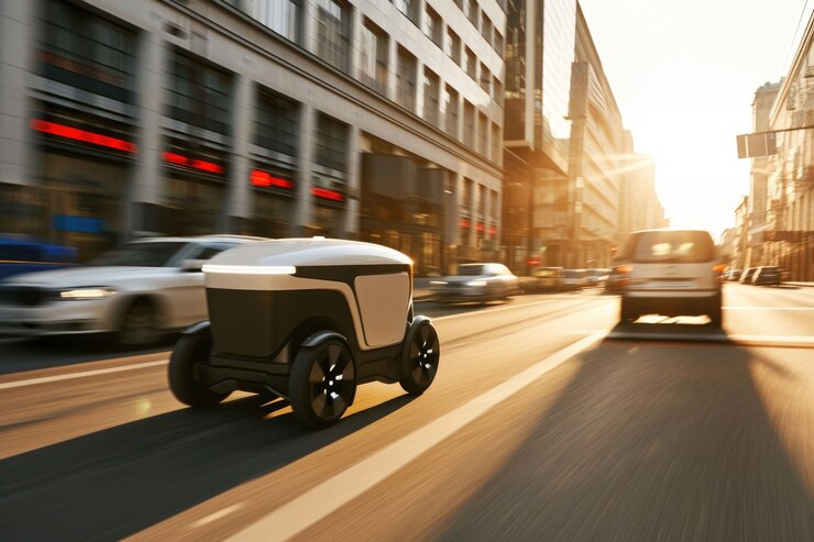 Foto gratuito robot de entrega en un entorno futurista