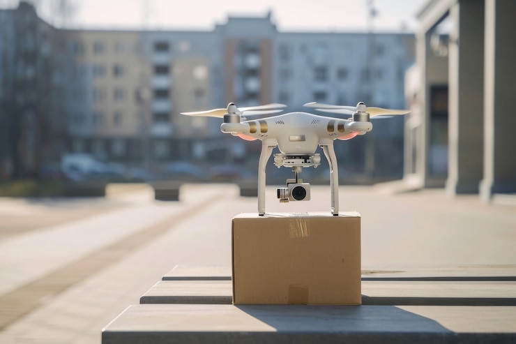 Foto gratuito robot de entrega en un entorno futurista
