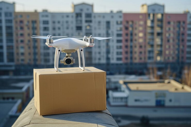 Foto gratuito robot de entrega en un entorno futurista