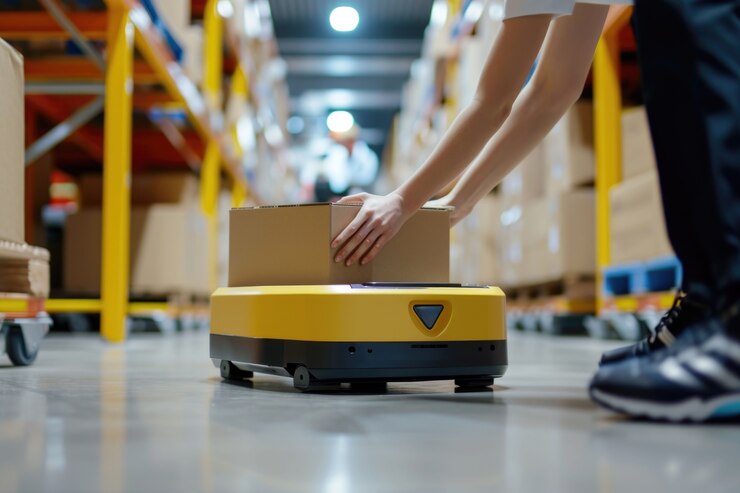 Foto gratuito robot de entrega en un entorno futurista