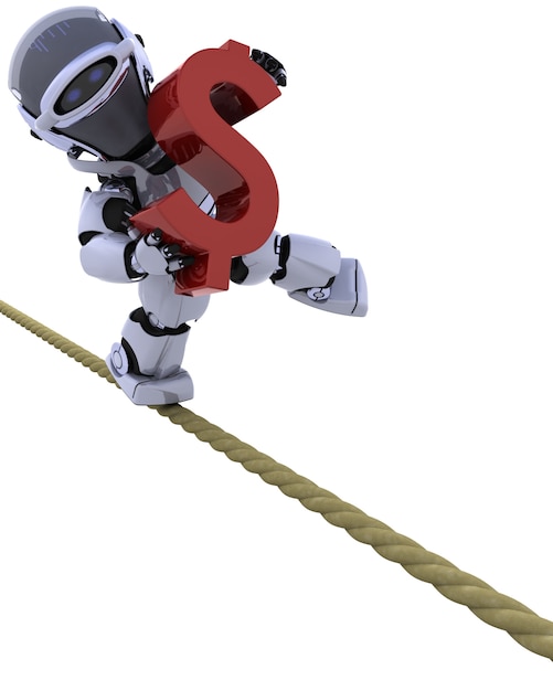 Robot en equilibrio en la cuerda floja con símbolo de dolar