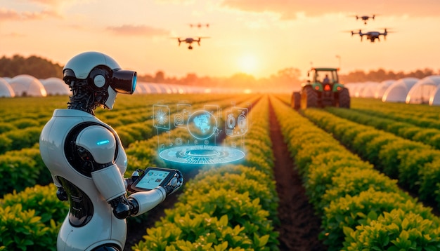 Robot farming with drones in a field at sunset