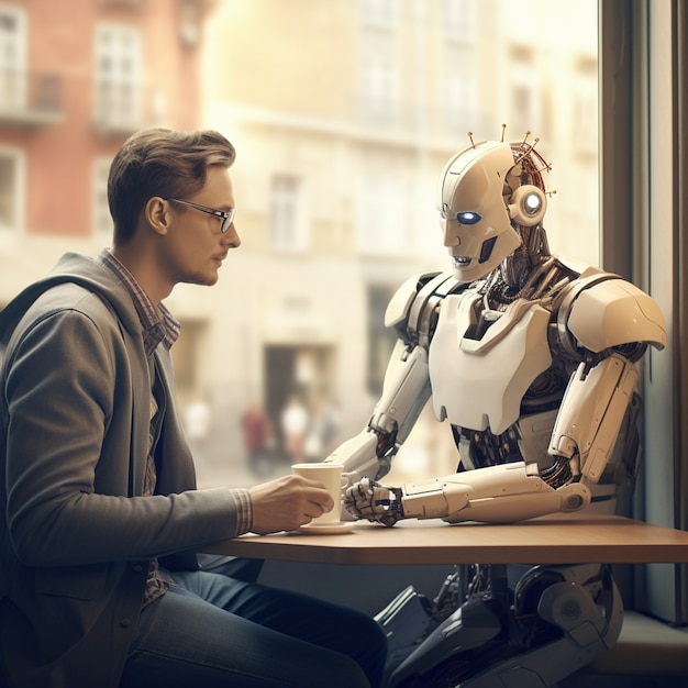 Foto gratuita robot futurista antropomórfico que realiza un trabajo humano regular