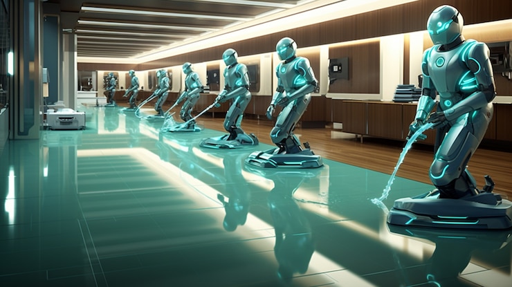 Foto gratuito robot futurista antropomórfico que realiza un trabajo humano regular