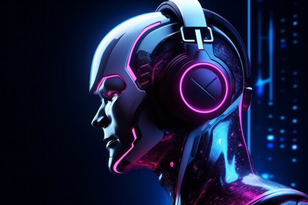 Robot futurista escuchando música con auriculares