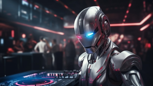 Robot futurista escuchando música con auriculares