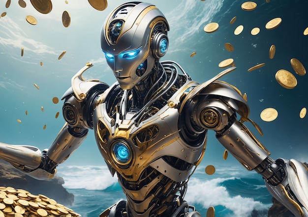 Robot futurista interactuando con el dinero