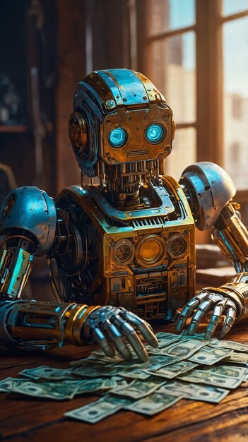 Robot futurista interactuando con el dinero