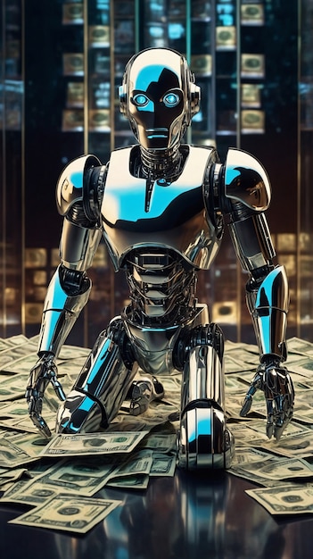 Robot futurista interactuando con el dinero