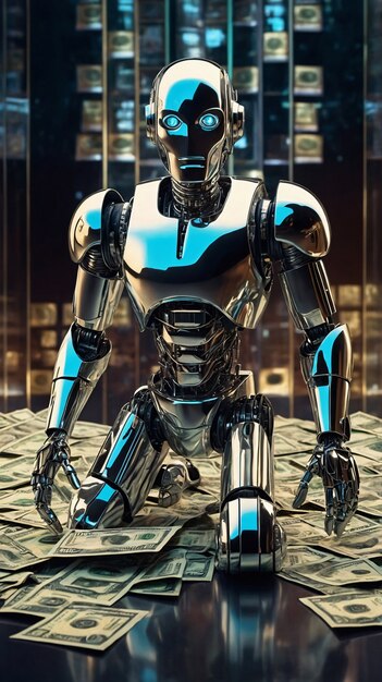 Robot futurista interactuando con el dinero