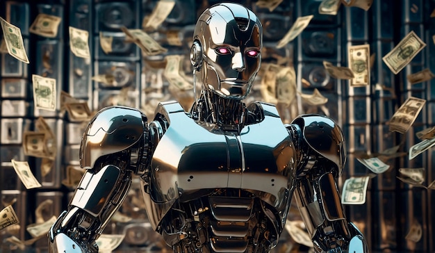 Robot futurista interactuando con el dinero