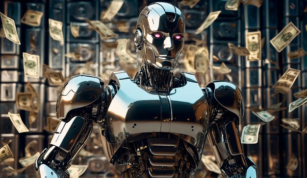 Robot futurista interactuando con el dinero