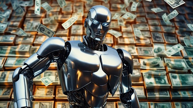 Robot futurista interactuando con el dinero