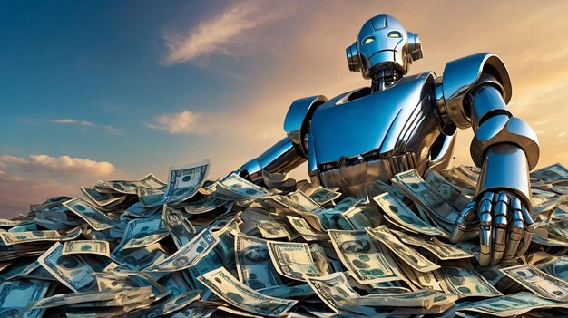 Robot futurista interactuando con el dinero