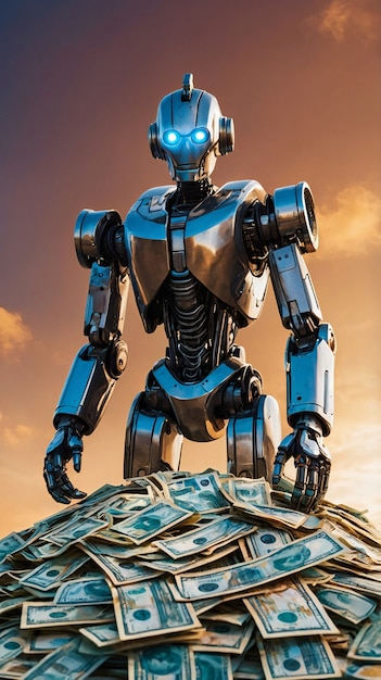 Robot futurista interactuando con el dinero