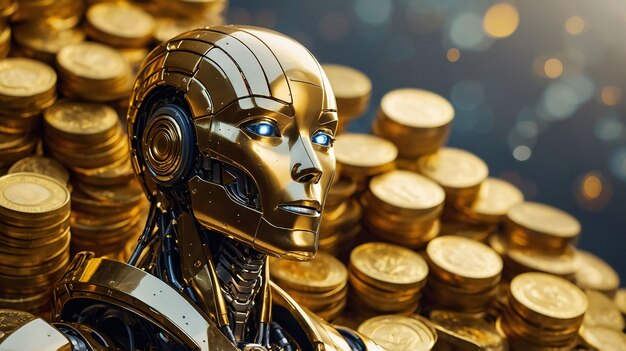 Robot futurista interactuando con el dinero