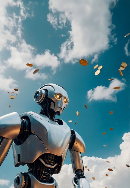 Robot futurista interactuando con el dinero