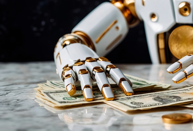 Robot futurista interactuando con el dinero