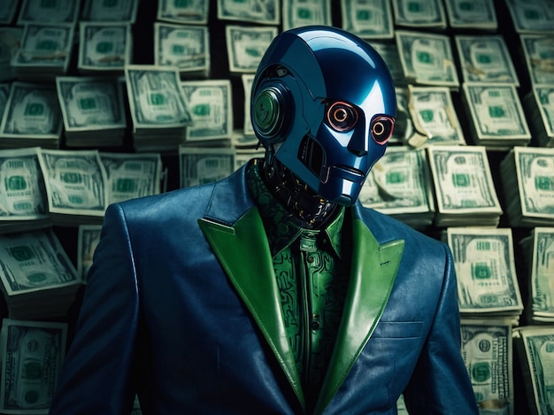 Robot futurista interactuando con el dinero