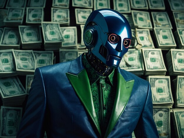 Robot futurista interactuando con el dinero