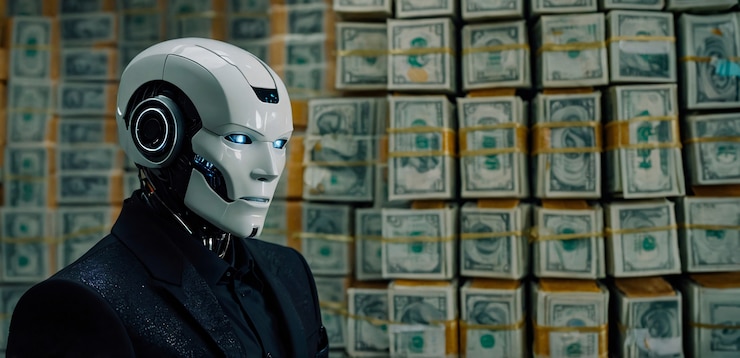 Foto gratuito robot futurista interactuando con el dinero