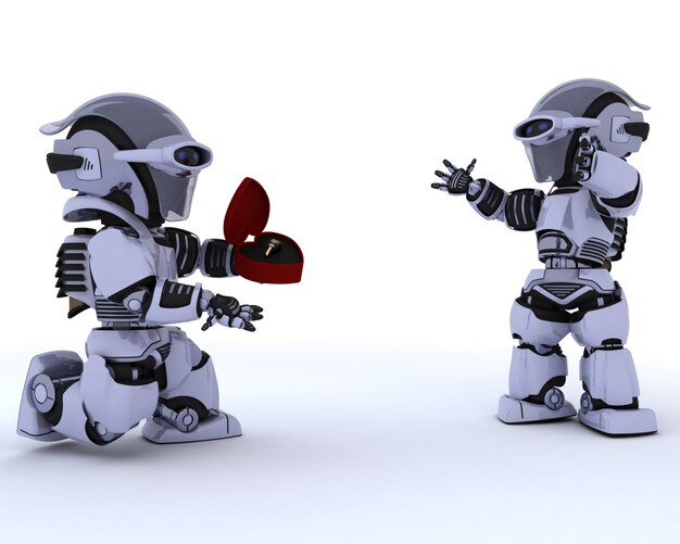 Robot haciendo una propuesta de matrimonio a otro robot