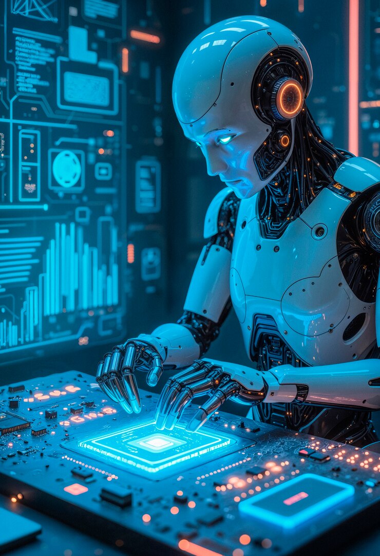 Foto gratuito robot de inteligencia artificial trabajando en una placa de circuito futurista