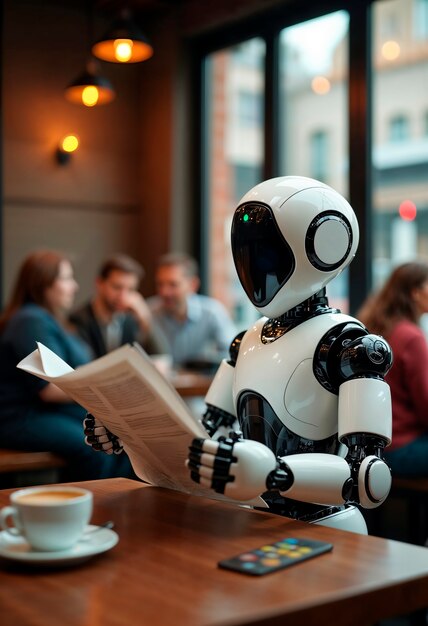 Robot leyendo el periódico en un café