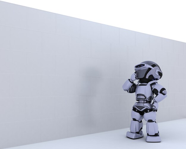 Robot mirando pensativamente una pared blanca