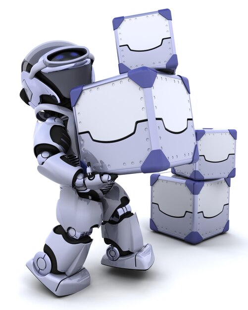 Robot moviendo cajas de envío de metal