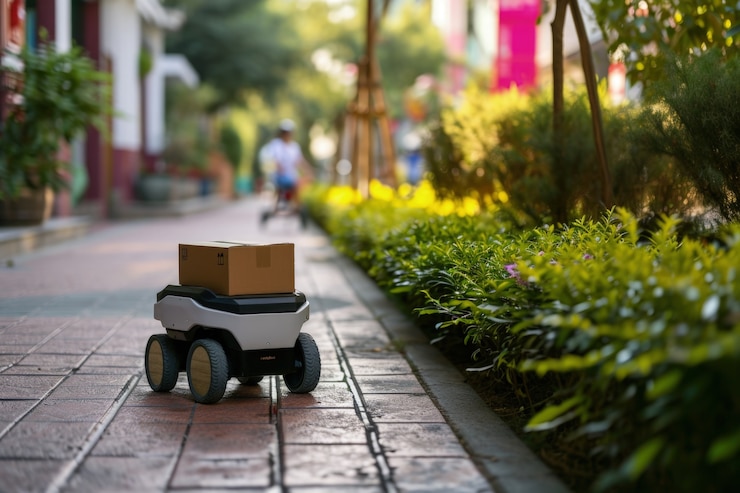 Photo Gratis robot pengantar di lingkungan futuristik