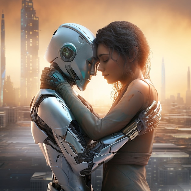 Foto gratuita robot de plano medio y mujer abrazándose.