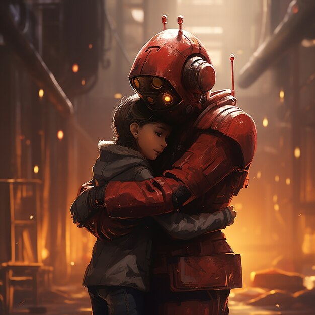 Robot de plano medio y niño abrazándose.