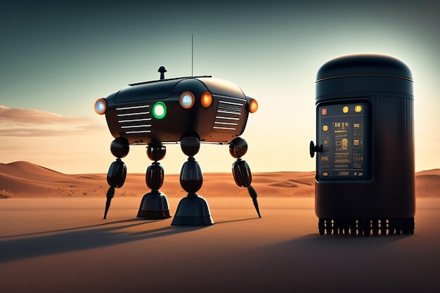 Un robot y un robot están parados en el desierto.